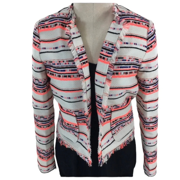 Belle Vere Tweed Fringe Open Front Blazer Jacket New - Picture 2 of 7